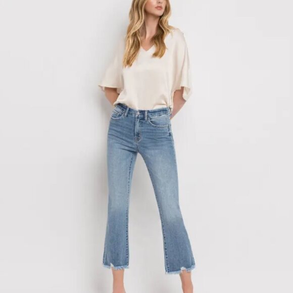 High Rise Frayed Hem Crop Flare Jeans